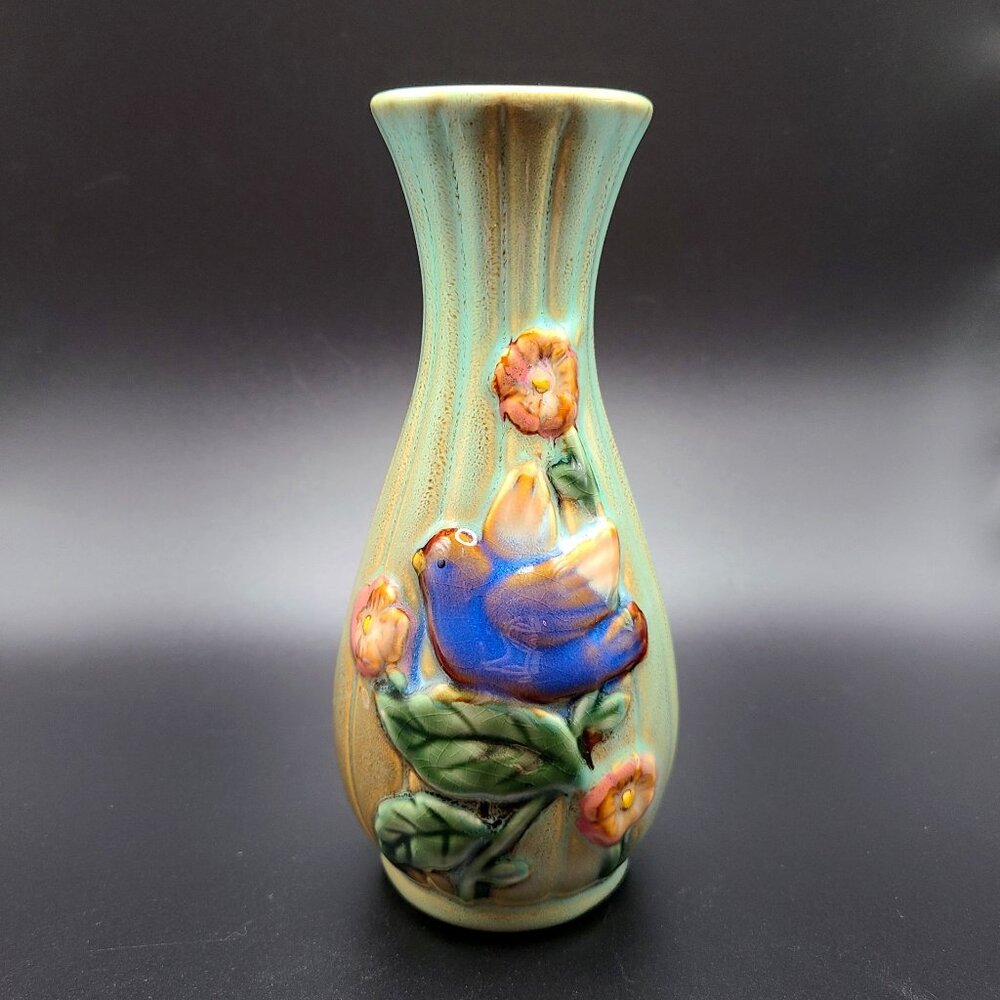 Small Ceramic Vase Light Green with Blue Bird and Flowers